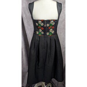 Vintage Ernst Licht Traditional German Floral Embroidered Black Dress Size 12